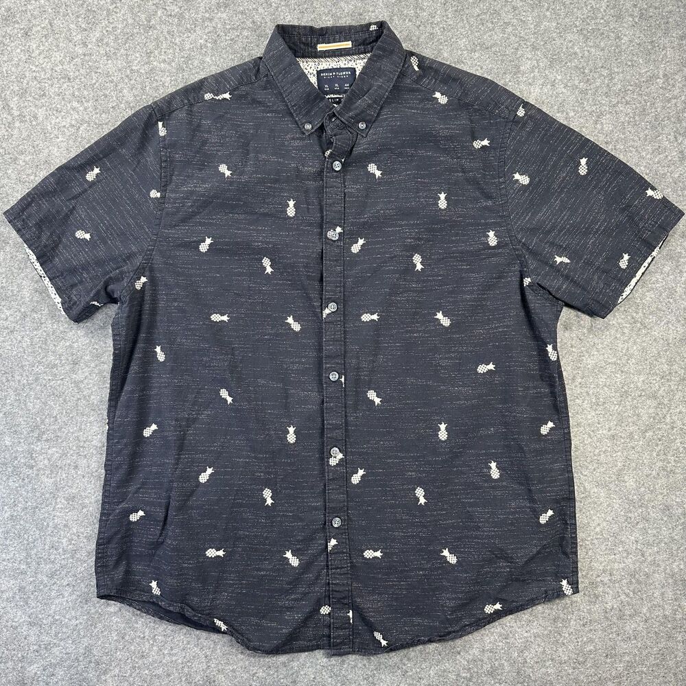 Denim & Flower Shirt Mens XL Blue Pineapple Short Sleeve Button Up Slim Fit